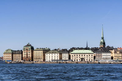 River by buildings against clear blue sky at strandvagen