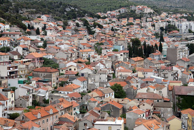 High angle view of buildings in city