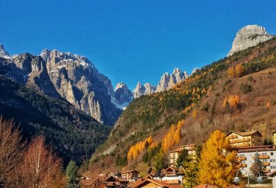 Panoramic view of mountain range against blue sky