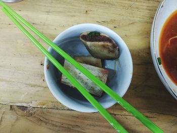 High angle view of vegetables in bowl on table