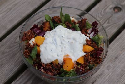 High angle view of chopped vegetables in bowl on table