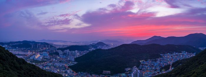 High angle view of townscape against sky during sunset