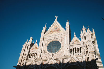 Low angle view of building against clear blue sky