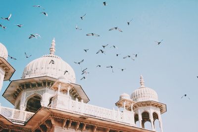 Low angle view of birds flying over historic building against sky