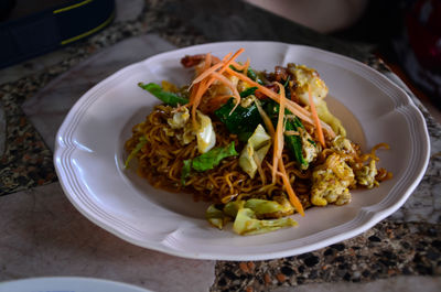 High angle view of food served in plate