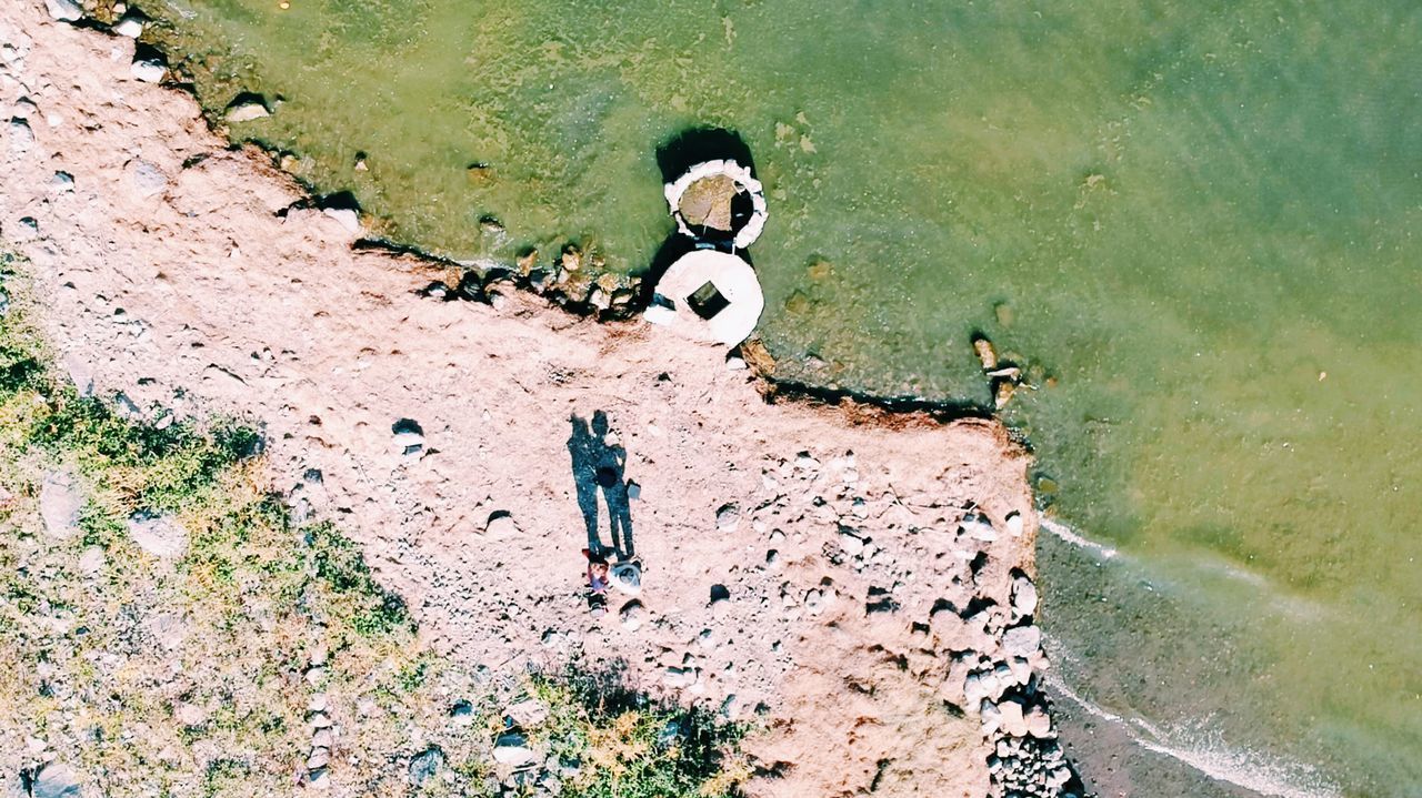 HIGH ANGLE VIEW OF MEN STANDING AT BEACH