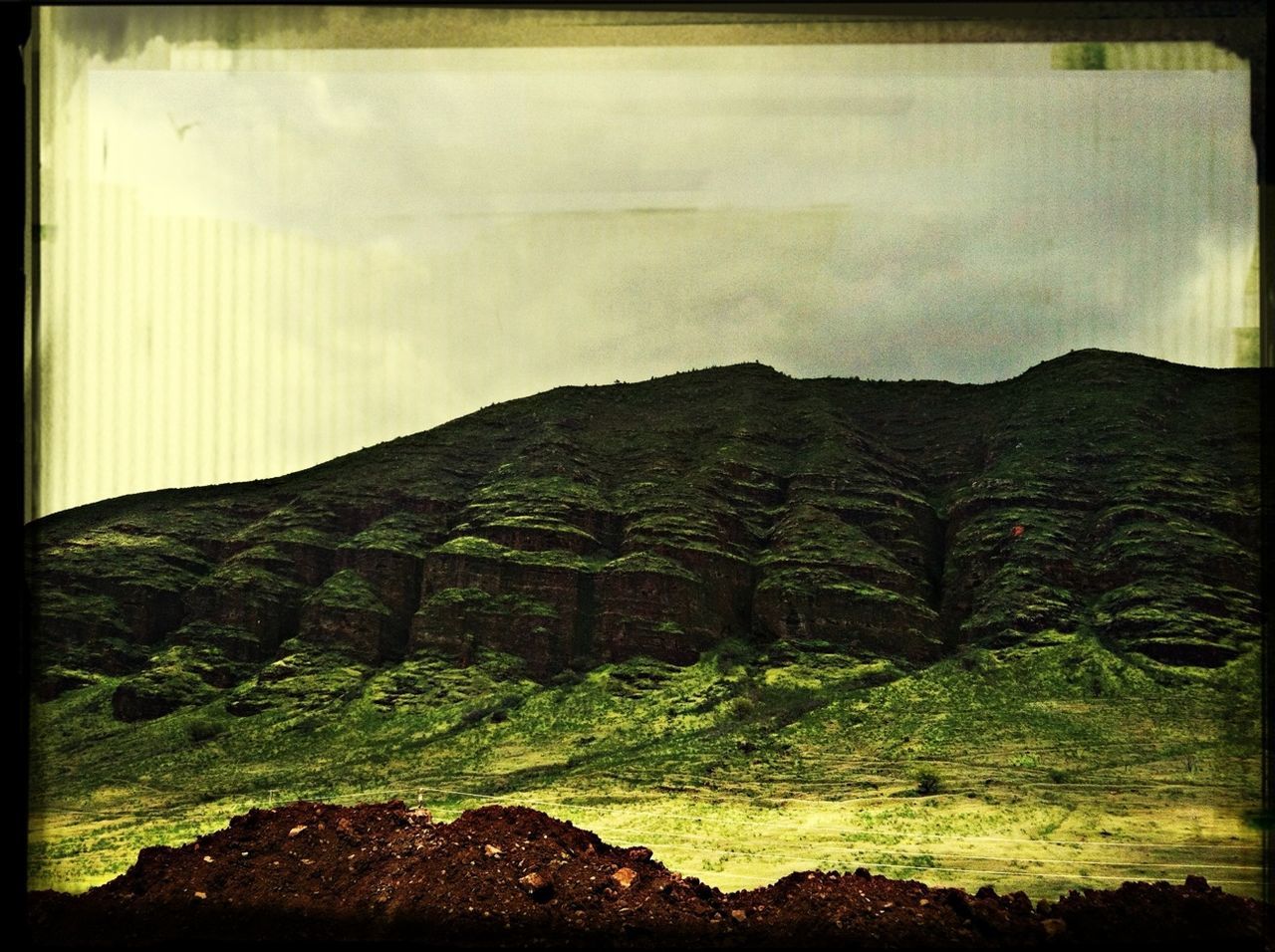 transfer print, mountain, auto post production filter, sky, tranquil scene, scenics, tranquility, beauty in nature, nature, cloud - sky, landscape, mountain range, tree, rock - object, idyllic, non-urban scene, rock formation, outdoors, remote, cloud