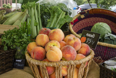 Fruits in basket for sale at market stall