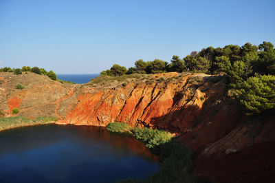 Scenic view of lake against clear blue sky