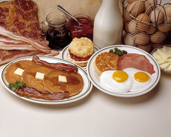 High angle view of breakfast served on table