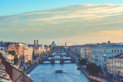 High angle view of bridge over river in city against sky