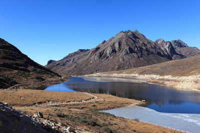 Scenic view of lake and mountains against clear blue sky