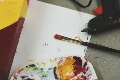 High angle view of messy table
