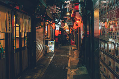 Illuminated lanterns hanging over pathway amidst buildings at night