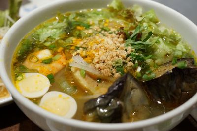 High angle view of soup in bowl