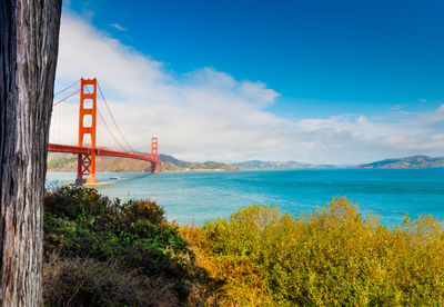 Suspension bridge over sea against sky