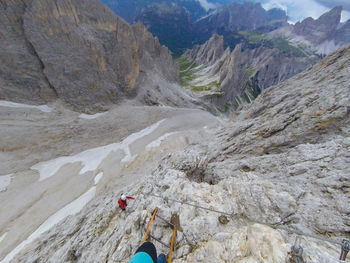 Low section of people on rocks against mountains