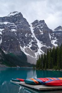 Scenic view of snowcapped mountains by lake