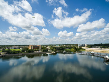 Reflection of buildings in river against sky