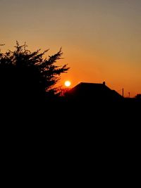 Silhouette trees against orange sky