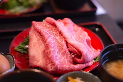 High angle view of meat in plate