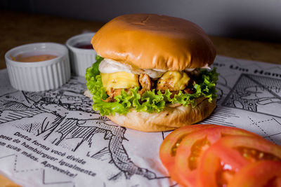 Close-up of burger on table