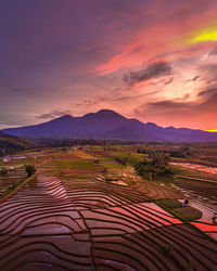 View of indonesia in the morning, rice terraces and bright sun from an aerial photo