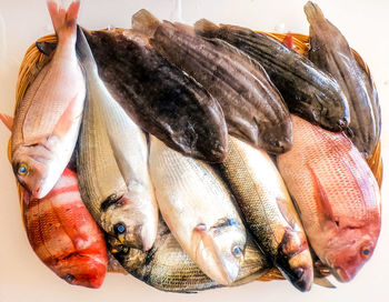 High angle view of fish for sale in market