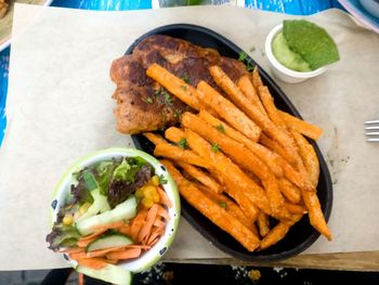 High angle view of food in plate on table