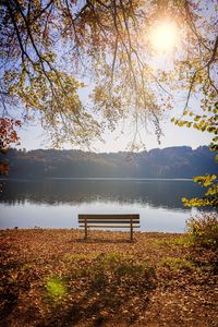 Empty bench by lake against sky during autumn
