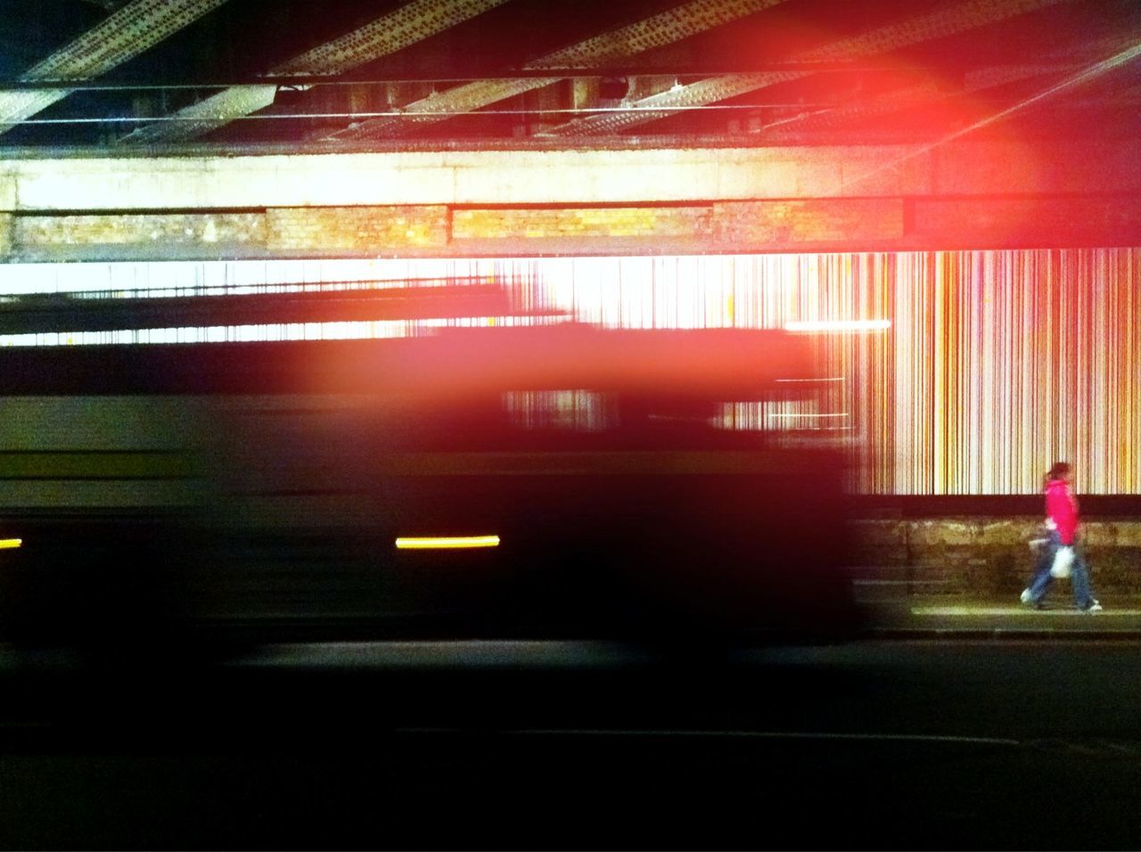 transportation, illuminated, mode of transport, blurred motion, indoors, on the move, land vehicle, motion, architecture, built structure, road, speed, street, night, road marking, travel, car, public transportation