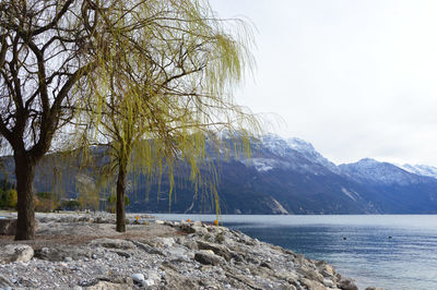 Scenic view of sea and mountains against sky