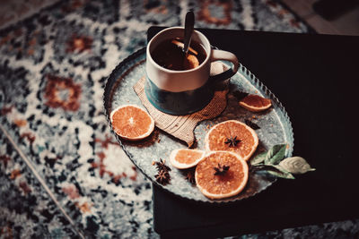 High angle view of breakfast on table