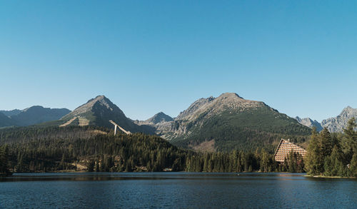 Scenic view of lake and mountains against clear blue sky