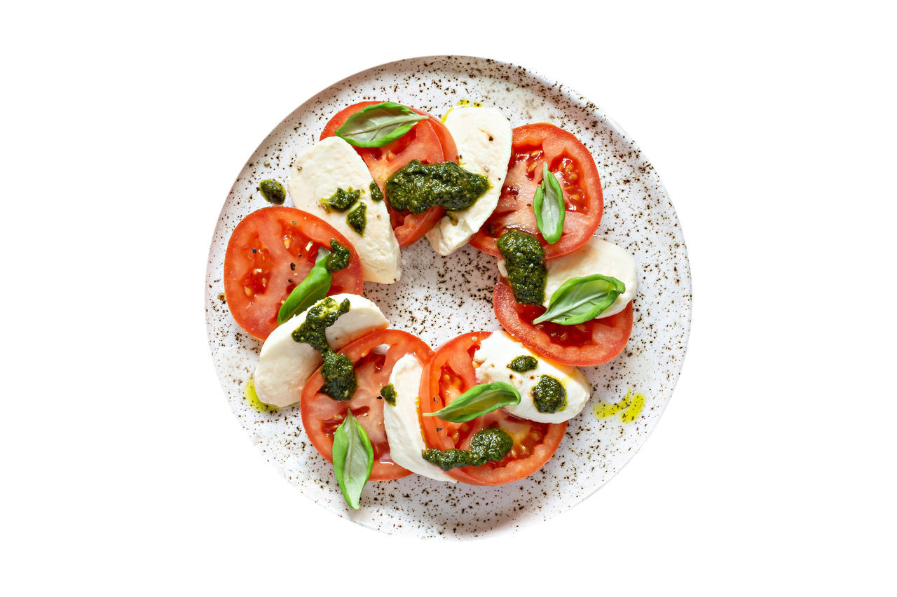 food and drink, food, healthy eating, vegetable, fruit, white background, tomato, wellbeing, freshness, cut out, studio shot, dish, produce, indoors, meal, no people, plate, directly above, cheese, fast food, italian food, dairy, cuisine, herb, green, vegetarian food, seafood, savory food, red, salad, slice
