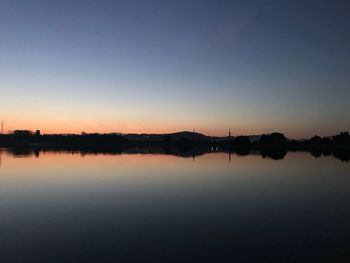 Scenic view of lake against clear sky during sunset