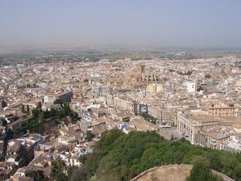 High angle view of townscape against clear sky