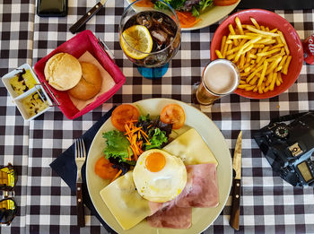 High angle view of breakfast served on table