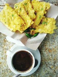 High angle view of breakfast on table