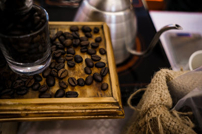 High angle view of coffee beans on table