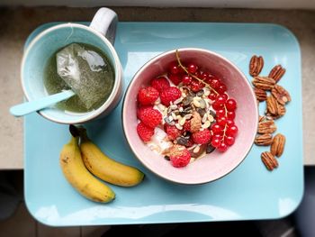 High angle view of breakfast served on table