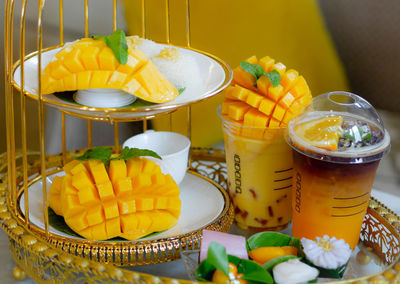 Close-up of fruits in glass on table