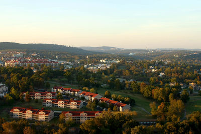 High angle view of townscape against sky during sunset