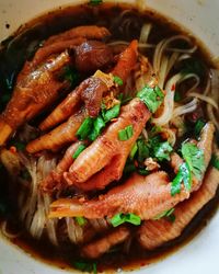 High angle view of soup in bowl