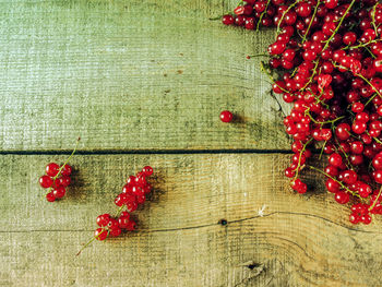 Directly above shot of red currants on wooden table