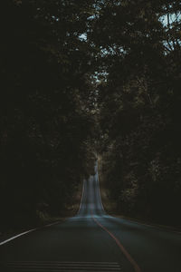 Empty road amidst trees at night