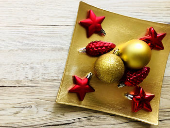 High angle view of christmas decorations on table