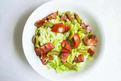 High angle view of salad in plate on table