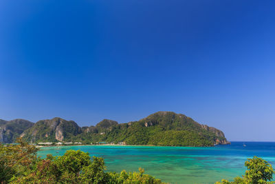 Scenic view of sea against clear blue sky