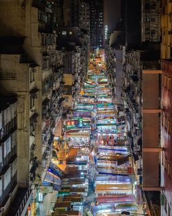 High angle view of illuminated market at night